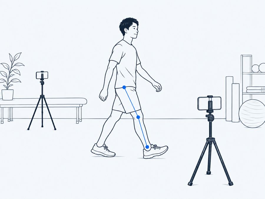 スマートフォン2台で歩く人を撮影し、関節の動きを測る
